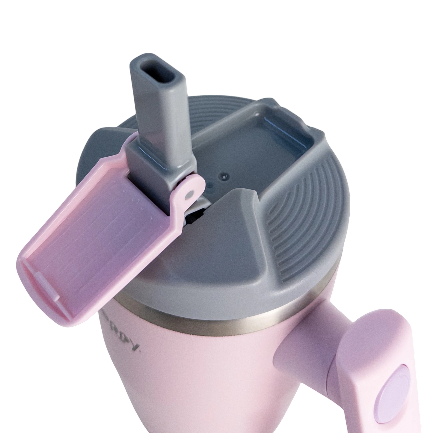 Rožinė termogertuvė iš viršaus su atlenktu šiaudeliu