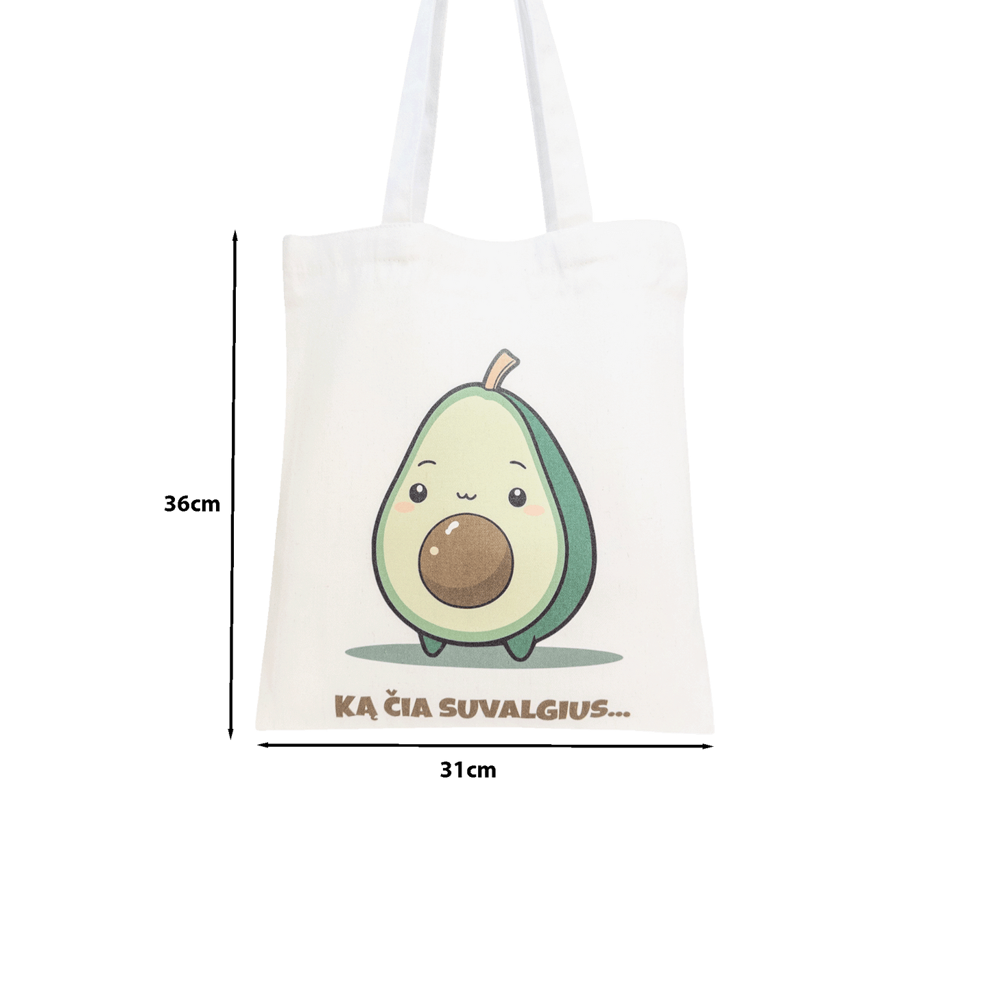 Tote maišelis iš priekio su nurodytais išmatavimais baltame fone