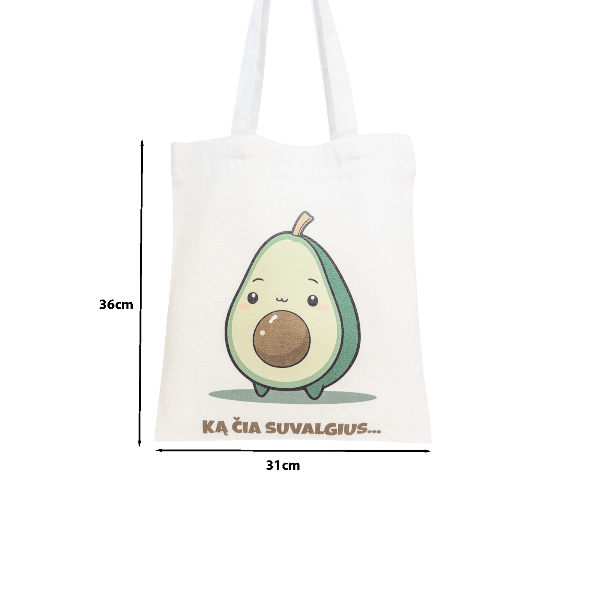 Tote maišelis iš priekio su nurodytais išmatavimais baltame fone