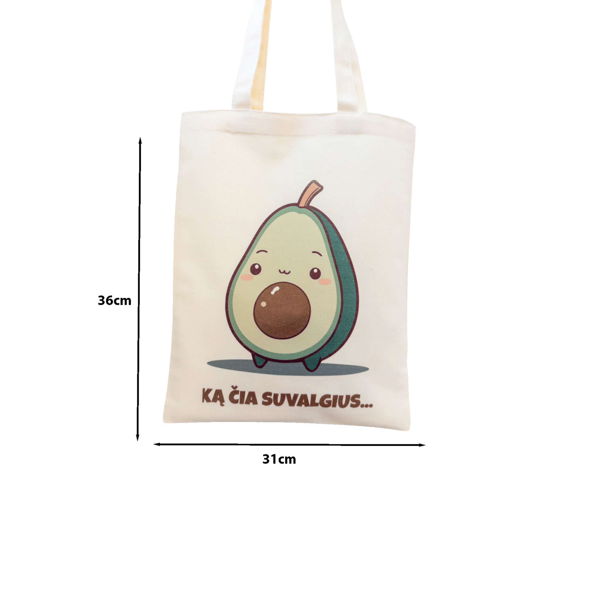 Tote maišelis iš priekio su nurodytais išmatavimais baltame fone