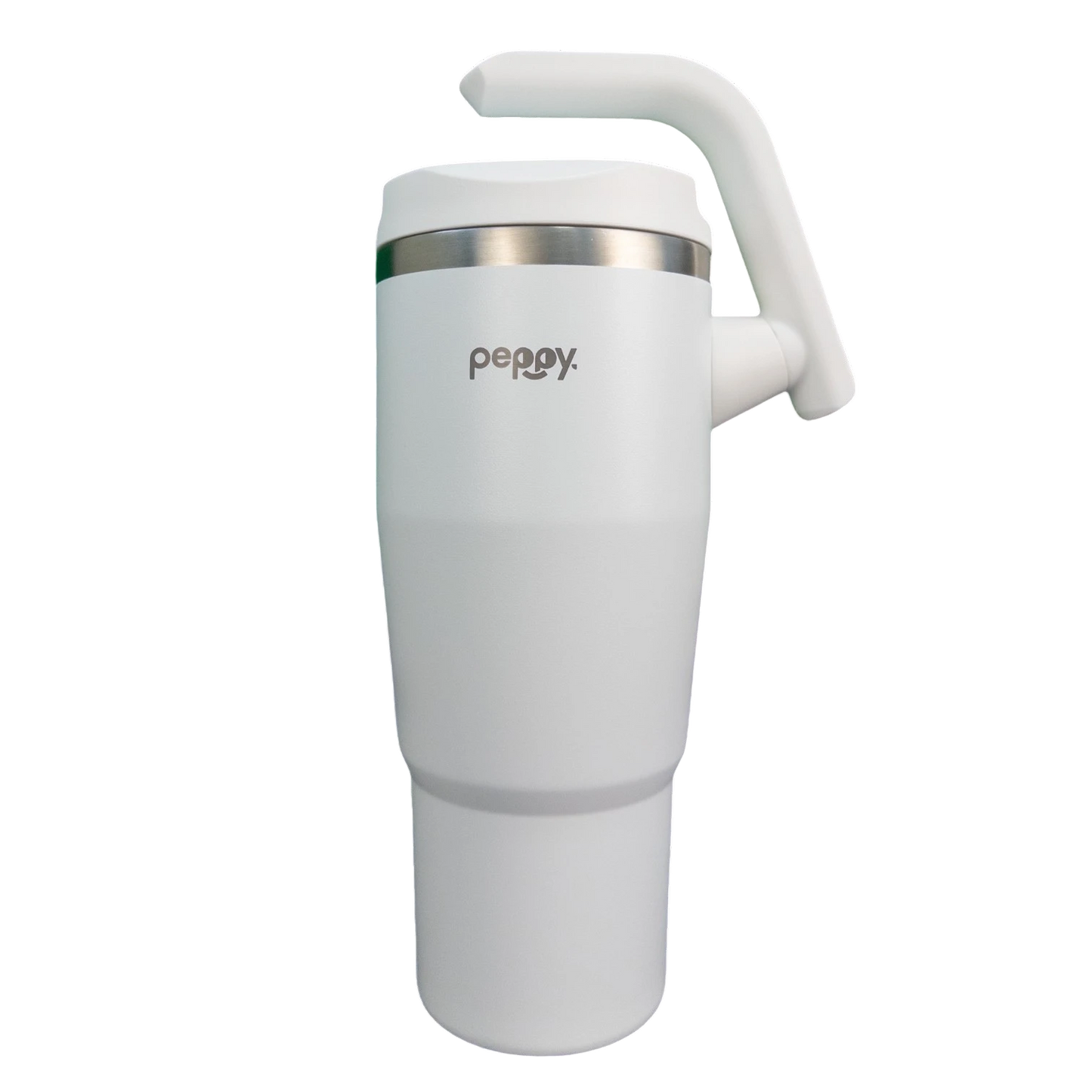 Balta termogertuvė iš priekio su atlenkta rankena