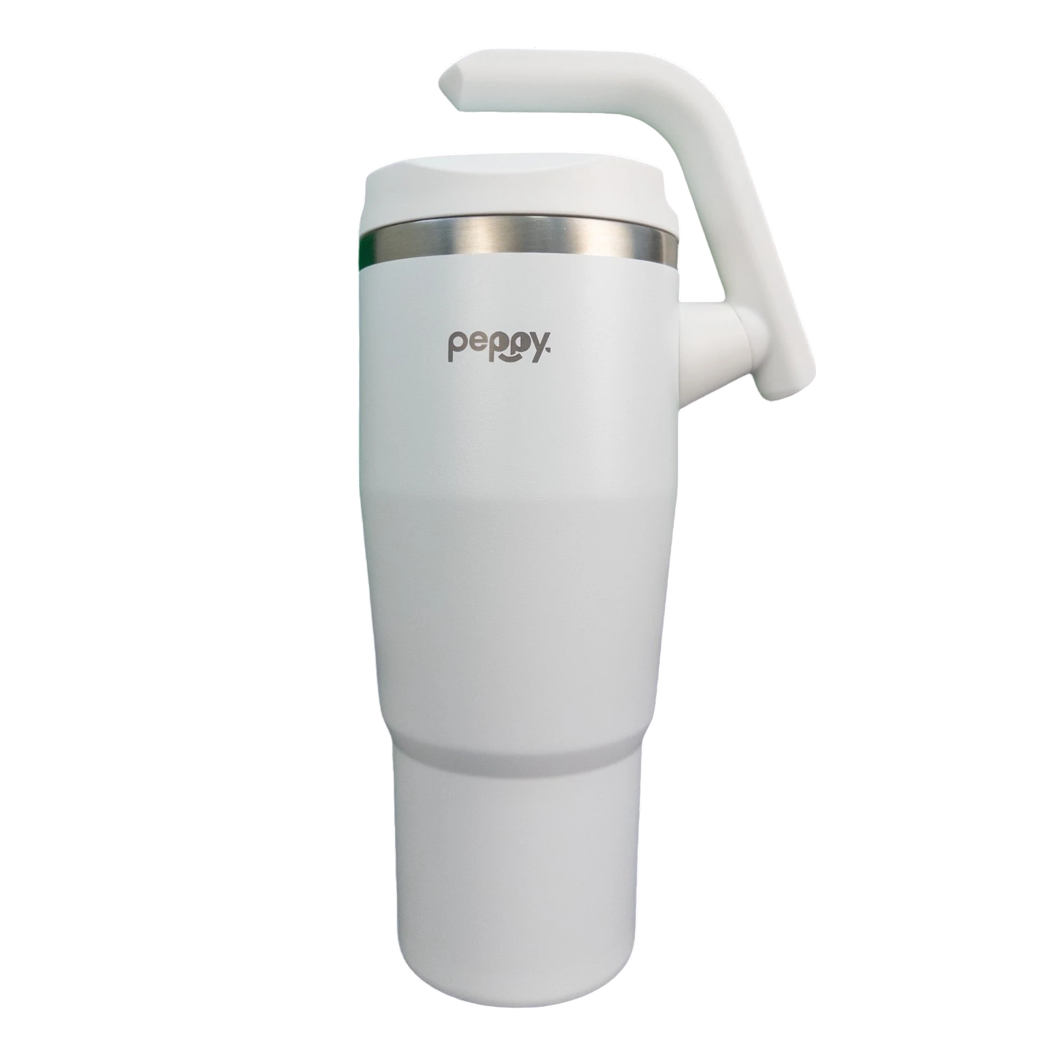 Balta termogertuvė iš priekio su atlenkta rankena