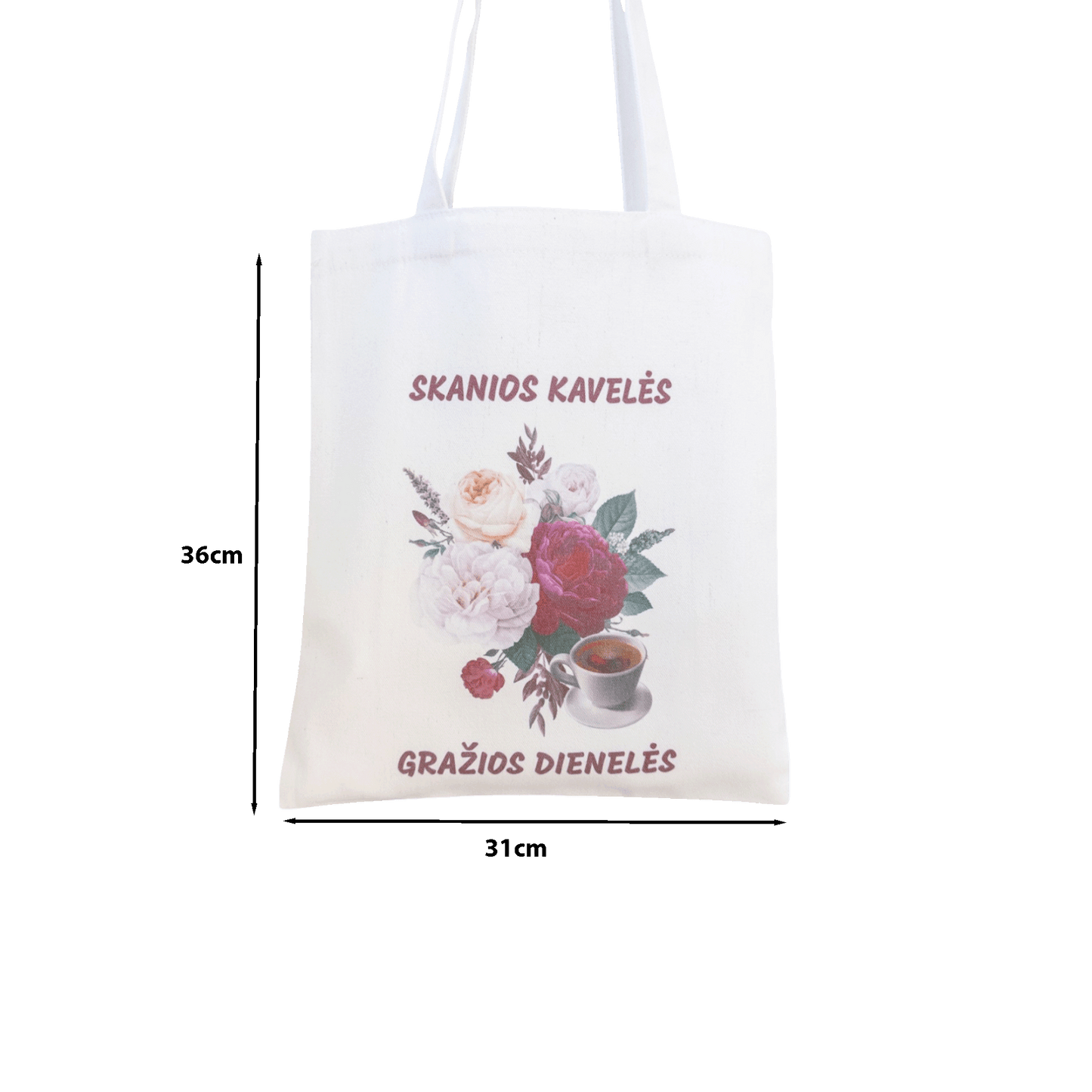 Tote maišelis iš priekio su nurodytais išmatavimais baltame fone