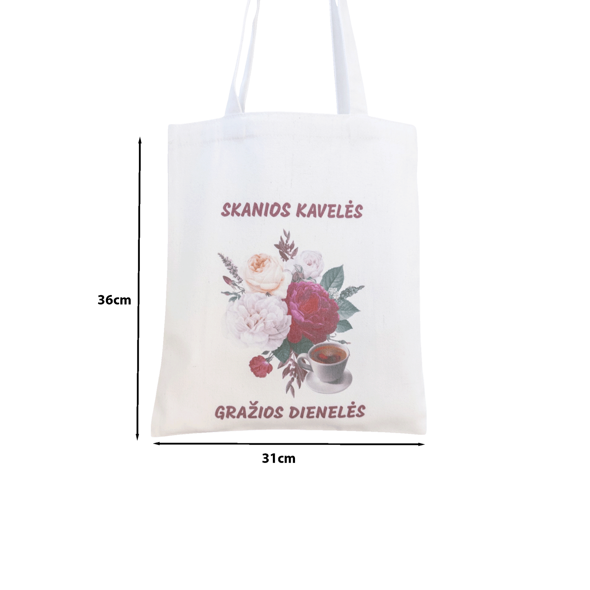 Tote maišelis iš priekio su nurodytais išmatavimais baltame fone