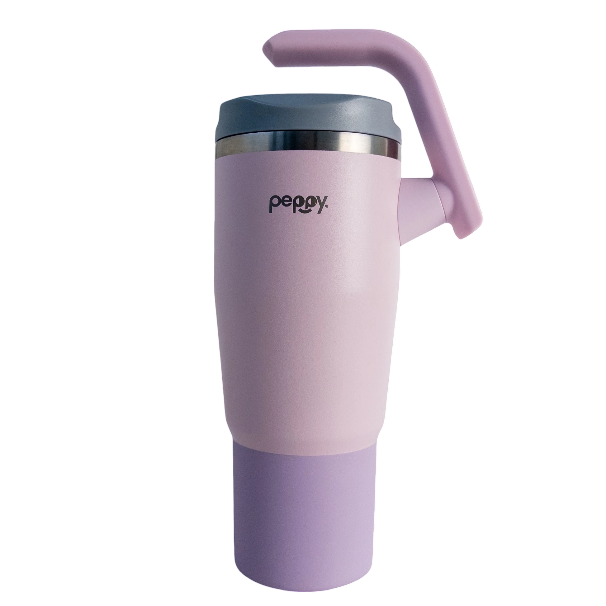 Rožinė termogertuvė iš priekio su atlenkta rankena