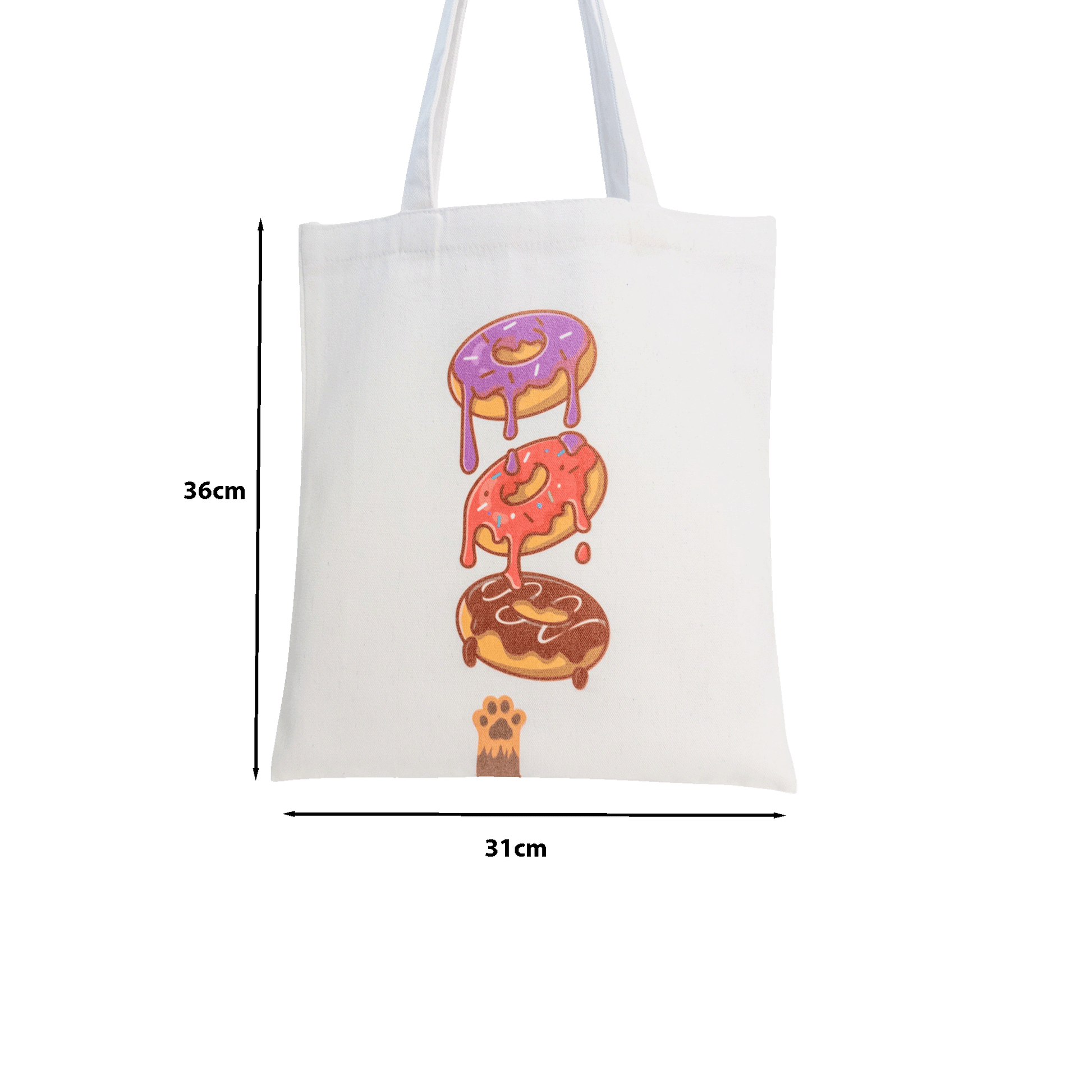 Tote maišelis iš priekio su nurodytais išmatavimais baltame fone