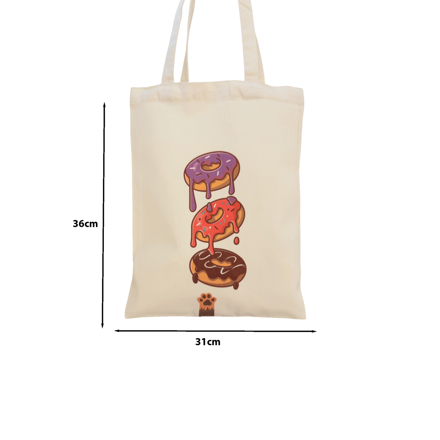 Tote maišelis iš priekio su nurodytais išmatavimais baltame fone