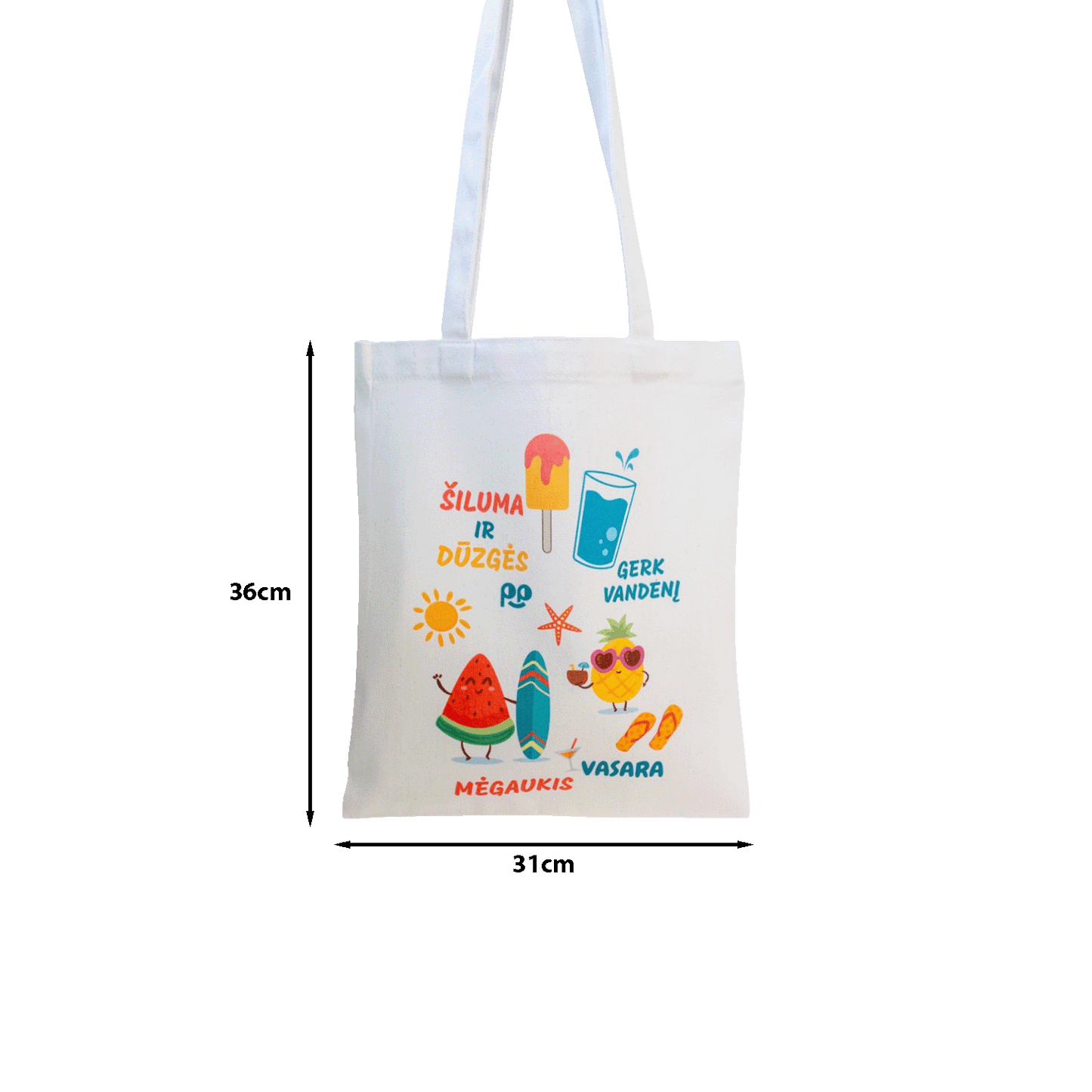 Tote maišelis iš priekio su nurodytais išmatavimais baltame fone