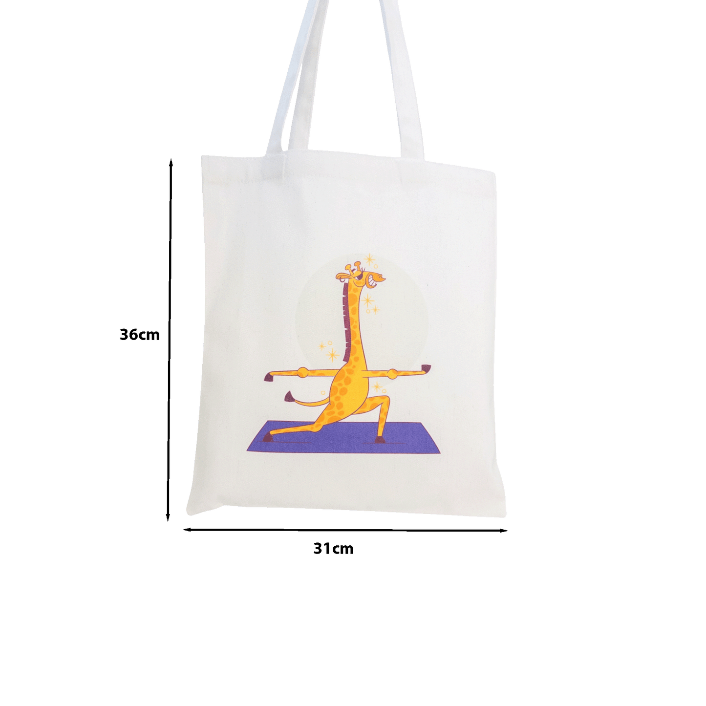 Tote maišelis iš priekio su nurodytais išmatavimais baltame fone