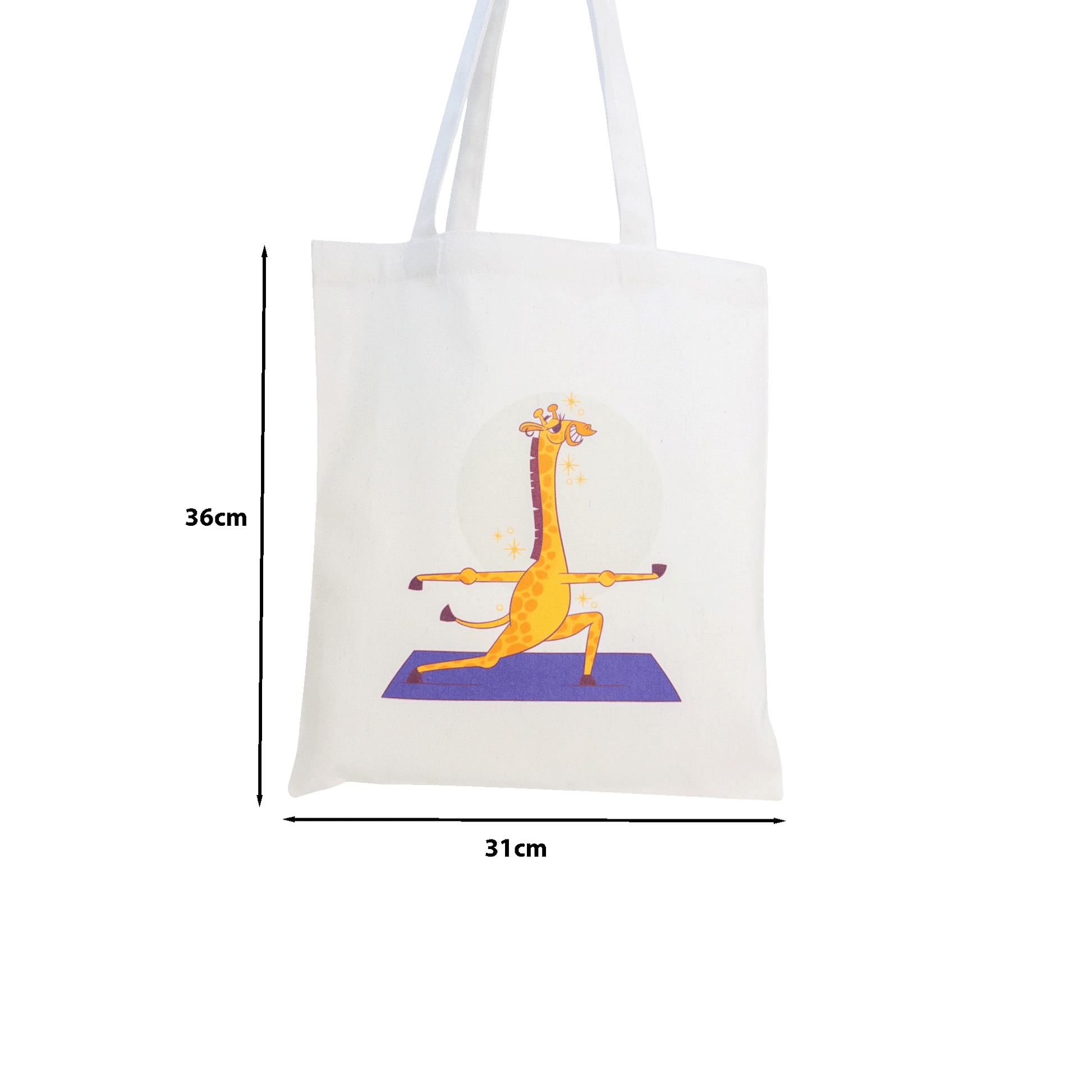 Tote maišelis iš priekio su nurodytais išmatavimais baltame fone