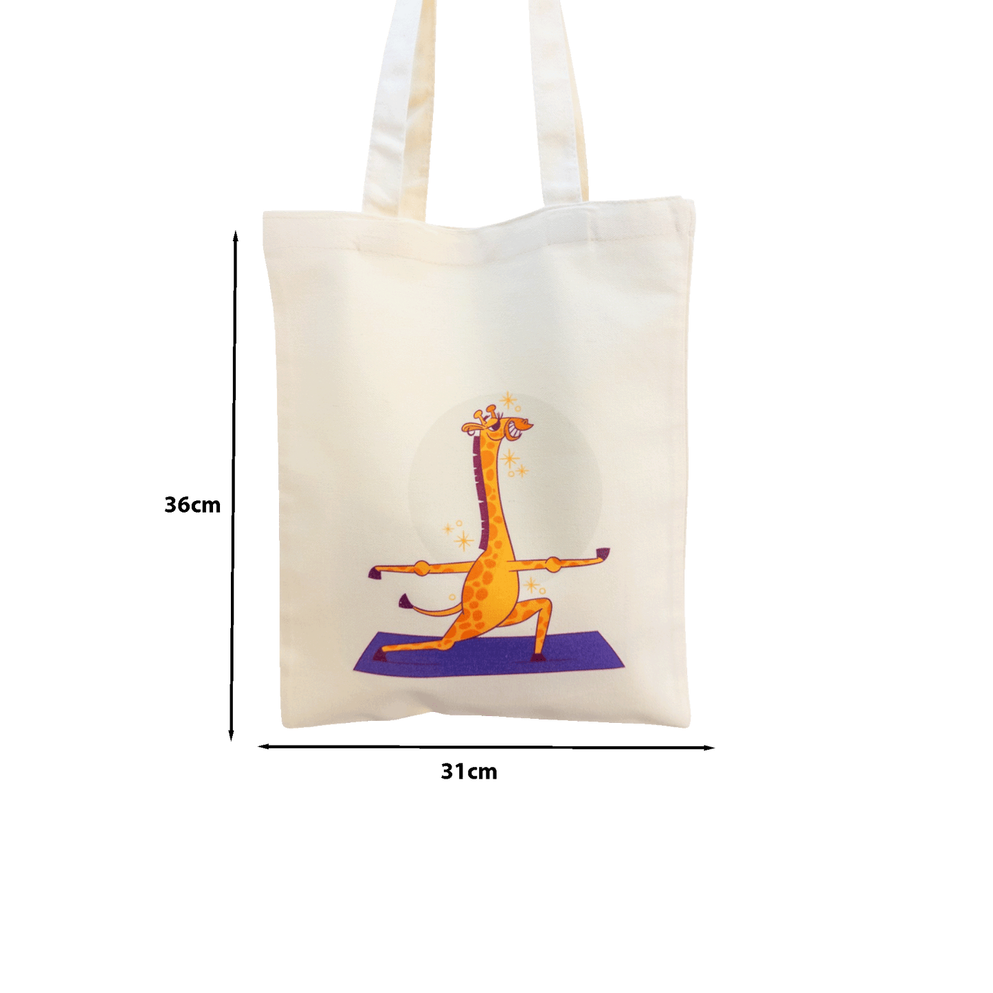 Tote maišelis iš priekio su nurodytais išmatavimais baltame fone