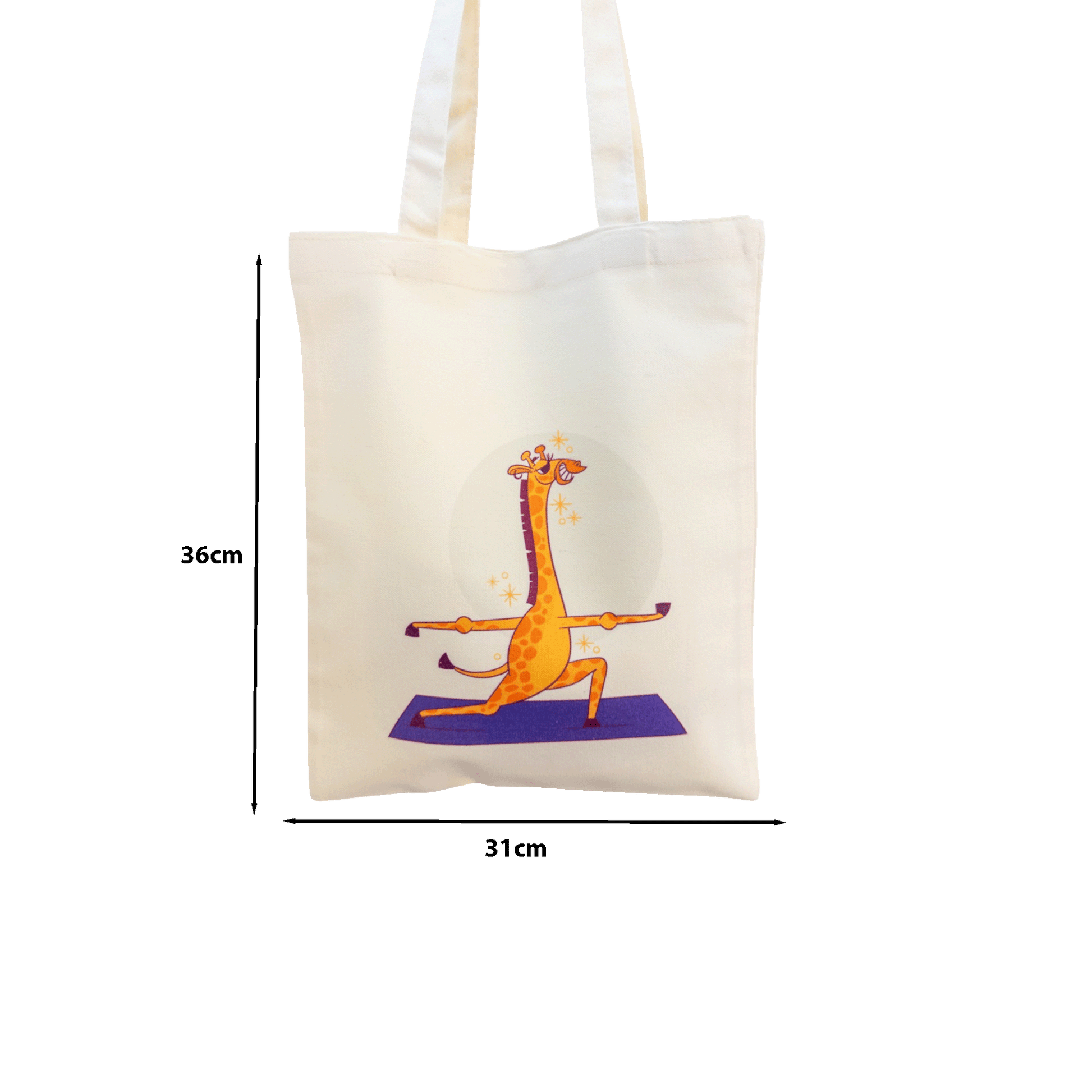 Tote maišelis iš priekio su nurodytais išmatavimais baltame fone